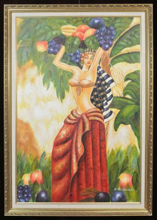 Vintage Oil On Canvas.  Woman With Tropical Fruit,  M.  Harold.  1980’s