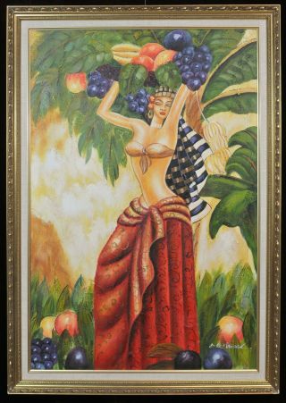 Vintage oil on canvas.  Woman with tropical fruit,  M.  Harold.  1980’s 2