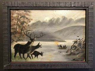 Small Primitive American Oil Painting On Board Deer Late 19th Century