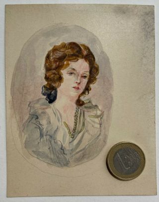 1647 Italian Watercolor Miniature Lady Portrait On Paper Xixth Century