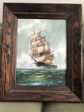 Vintage Framed Oil Painting On Canvas Sailing Ship Signed J.  James Nautical