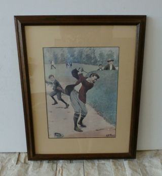 Vintage Antique Golf Player Litho Offset Colored Print Art By A.  B.  Frost Framed