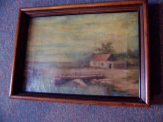 Antique 19th Century Primitive Folk Art Oil Painting House With Dock