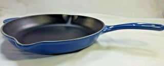 Le Crueset Cast Iron Skillet 26 10 " Frying Pan Blue Enamel Double Spout France