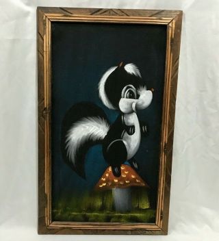 Vintage Skunk Velvet Painting In Carved Wood Frame Mexico With Mushroom Cartoon