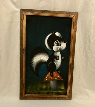 Vintage Skunk Velvet Painting In Carved Wood Frame Mexico with Mushroom Cartoon 2