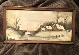 Antique " Home And Landscape In Winter Scene " Watercolor Painting - Framed - Signed