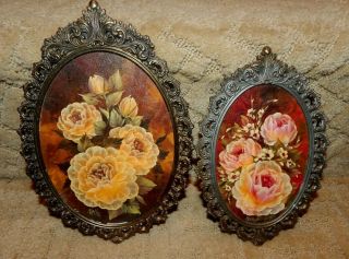Vintage Paintings Signed Roses Flowers Cottage Victorian Framed