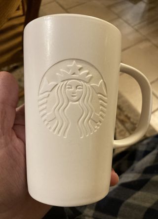 Starbucks Ceramic 12 Oz Coffee Mugs 2014 White On White Embossed Siren Logo