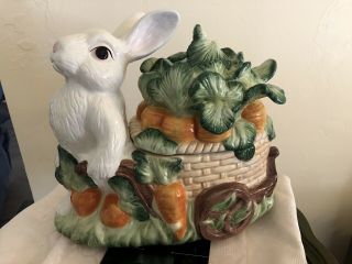 Kaldun Bogle Ceramic Bunny Rabbit Cart Cookie Jar Hand Painted.