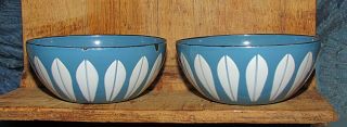 2 Mid Century Cathrineholm Blue & White Lotus Enamel Small Bowls Mcm Norway