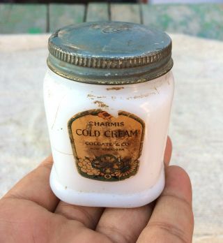 Vintage Colgate & Co Charmis Cold Cream Milk Glass Jar With Label U.  S.  A