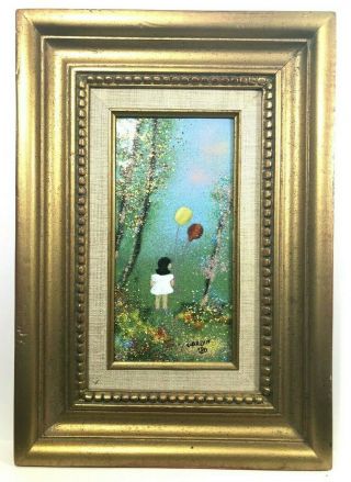 Framed Louis Cardin Enamel On Copper Painting Art Signed,  Girl Balloons