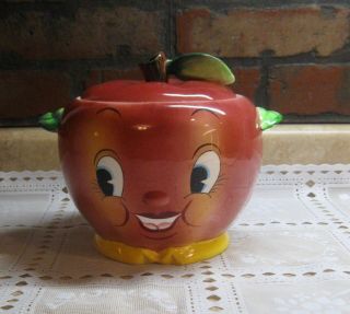 Vintage Py Red Apple Comic Smiley Face Cookie Jar 1950s Japan With Damage