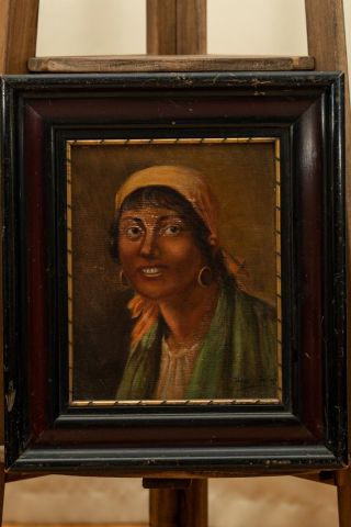 Really Old 1800s Gipsy Woman Portrait Oil On Wood Painting Framed Antique Art
