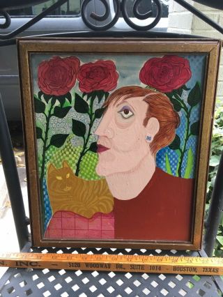 1980s Modern Art Lady Roses Cat Painting Acrylic On Canvas By Lester
