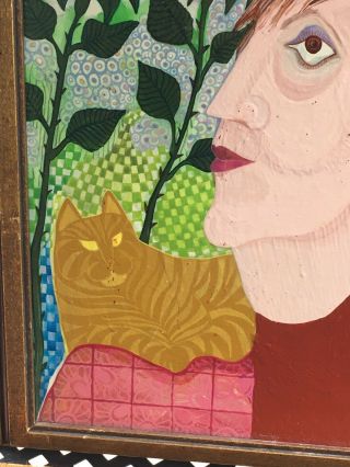 1980s Modern Art Lady Roses Cat Painting Acrylic On Canvas By Lester 3