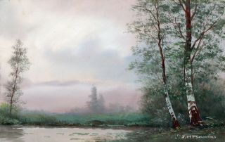 Russian Or Polish School 20th C.  : A Lake View With Fog And Birch Trees