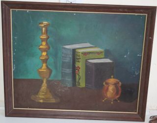Old American School Still Life Oil Painting Candle Holder Books Jar