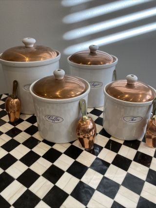 Copper Top Lid White Porcelain Canisters Made In Portugal Vintage Kitchen Set/4