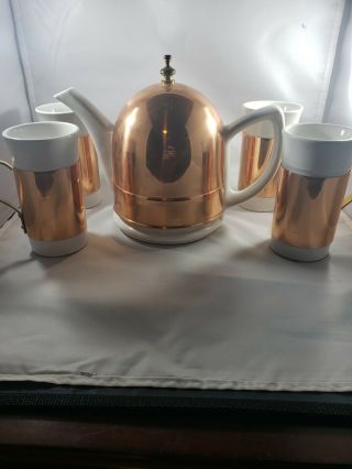 Baker Hart Stuart White Porcelain Coffee / Tea Pot With Copper Sleeve And 4 Mugs