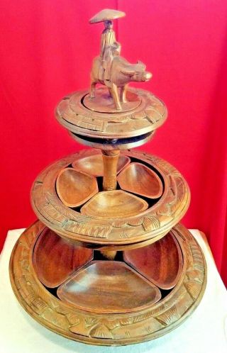 Vintage Hand Carved Wooden Wood 3 Tier Lazy Susan Serving Bowls Man W/buffalo