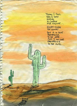 Vintage Watercolor And Ink Poem Poetry Death Valley Desert Cactus