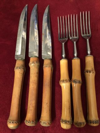 6 Vtg Stainless Solinger Germany Bamboo Handles Knives Forks