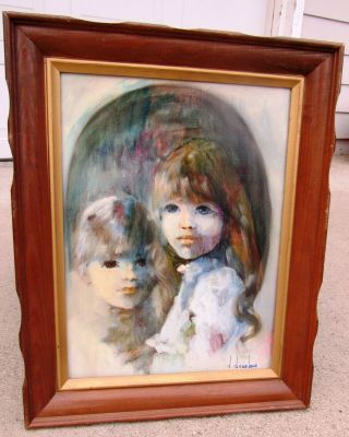 Vintage Mid Century Modern 60s Oil Painting Children Signed Framed