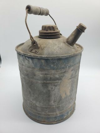 Vintage Galvanized 1 Gallon Metal Kerosene / Gas Can With Wood Handle