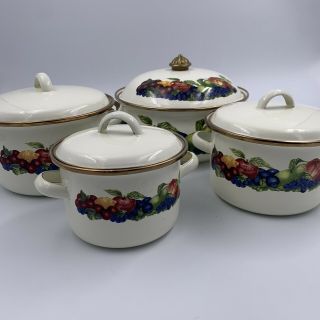 Vintage Lincoware Enameled Pots With Gold Handles And Trims 4pc Set