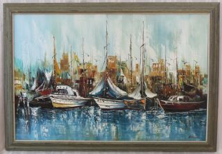 Oil Painting On Canvas - Sailing Ship Yacht Club Pier Signed By Kline