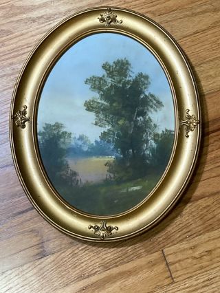Antique Primitive Dry Pastel Landscape,  Decorative Oval Frame