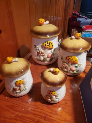 ☆ Vintage Merry Mushroom Canister 4 Piece Set Sears & Roebuck Jars 1978 Ceramic