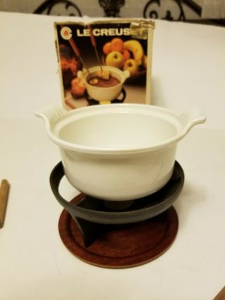 Vintage Le Creuset Fondue Set Chocolate Pot Enamel Cast Iron France White 3
