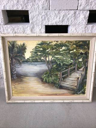 Florida Highwaymen Style Landscape Painting Palms 27” X 22” Signed