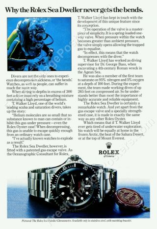 1970s Rolex Sea Dweller Double Red Diving Watch Diver Photo Ad Poster 16x24