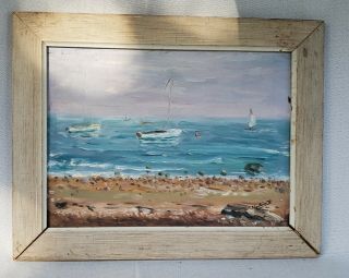 Vintage " Sailboats On A Mooring " Oil On Canvas Painting Signed 15 " X 20 " Framed