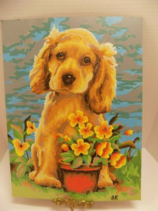Vtg Paint By Number Pbn Art Painting Cocker Spaniel Puppy Dog Flowers 12x16 Mcm