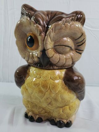 Vintage Hand Painted Ceramic Atlantic Mold Winking Owl Cookie Jar 11 " Tall
