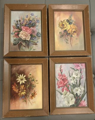 Set Of Four Vintage Mid Century Framed Floral Paintings Signed “christy”