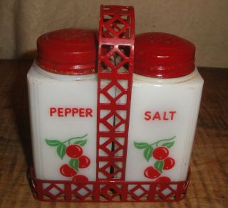 Mckee Tipp City Usa Cherry 1930s Milk Glass Salt Pepper Shakers Basket Rack Old