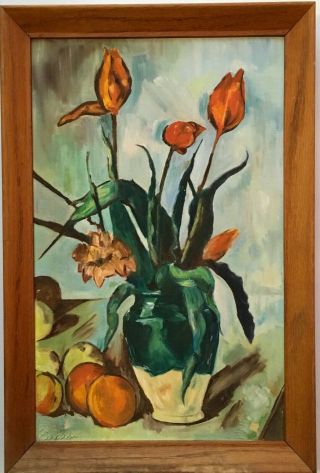 Vintage Cezanne Study Floral Flower Still Life Oil Painting Orange Tulips Vase