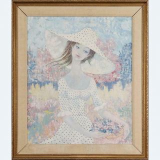 Vintage Oil Painting Young Woman In Sun Hat Holding Basket Flowers