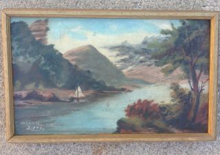 Antique American Lake Scene Landscape Oil Painting