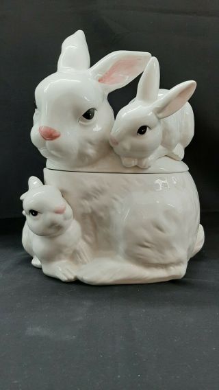 Vintage White & Pink Bunny Rabbit With Babies Cookie Jar