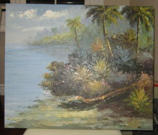 Vintage Oil On Canvas Painting Of A Lush Tropical Shore Landscape