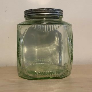 Vintage Green Ribbed Depression Glass Hoosier Canister Jar W/ Lid