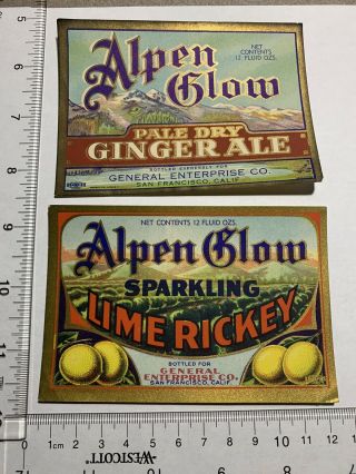 Alpen Glow Ginger Ale And Lime Rickey Soda Label.  General Enterprise.  San Fran