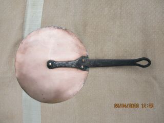 Antique French Copper Pan Lid Tinned Cast Iron Handle Riveted 10.  2 In Xixth (b)
